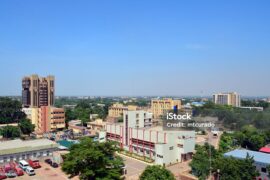 Ouagadougou city center - skyline with the Central Bank of West African States (BCEAO) tower, the City Hall, the Social Security and several other downtown government buildings - Burkina Faso